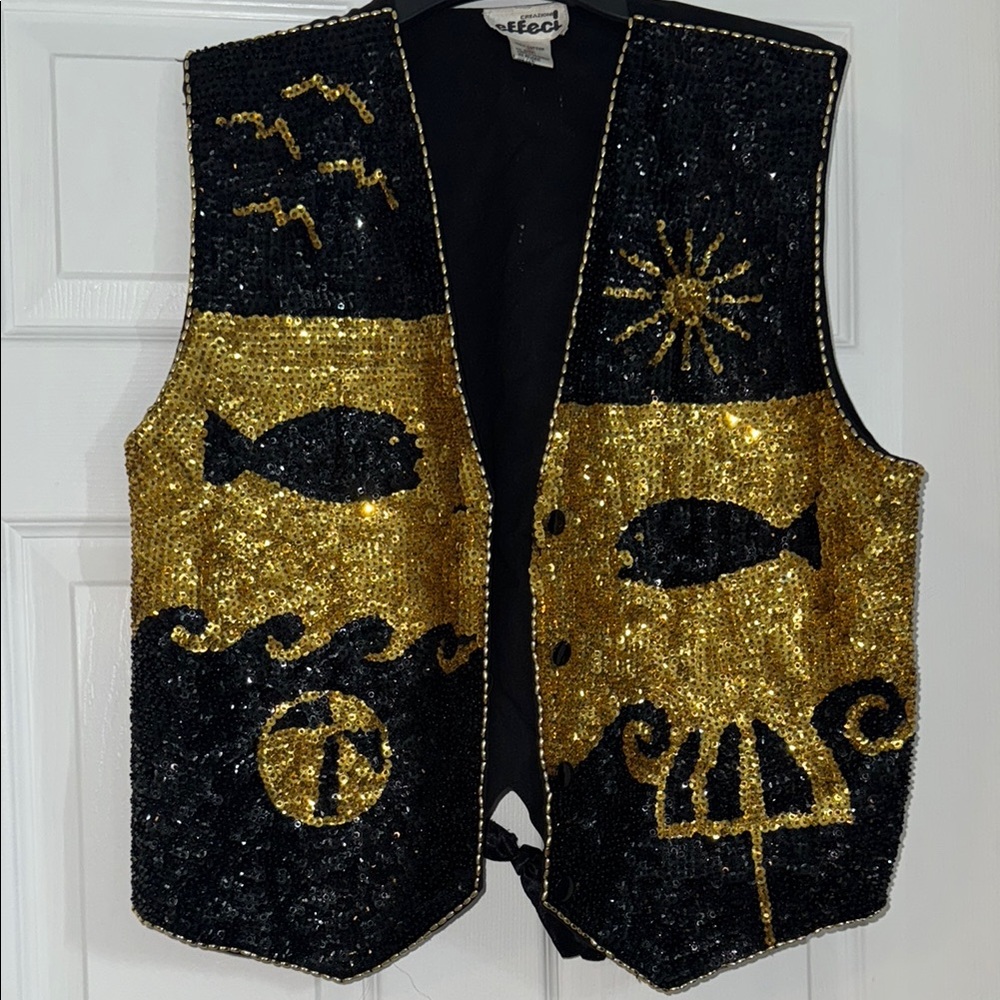 Vintage Sequin Black and Gold Vest